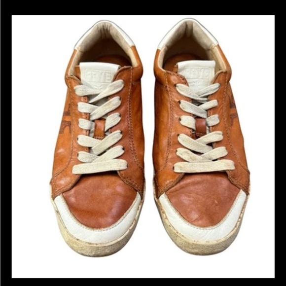 Frye Women’s Leather Low Top Sneakers 6.5M Tan Brown Logo Distressed Casual Shoe - Picture 5 of 11